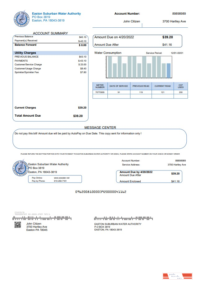 USA Eastern Suburban Water Authority utility bill template in Word and PDF format